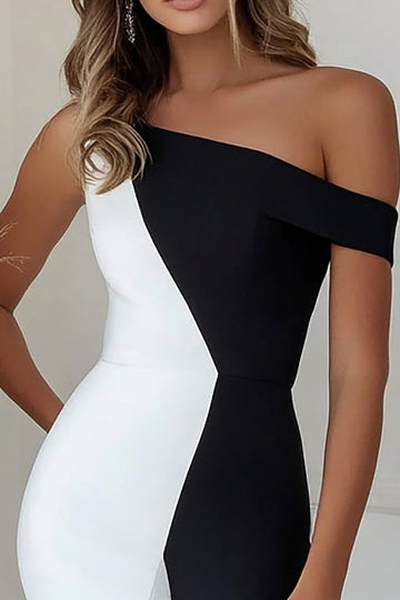 Black White Asymmetrical Neck Ruffled Mermaid Midi Formal Dress